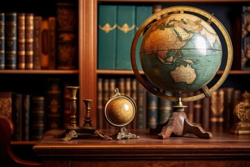 Old geographical globe and map and old book in cabinet. Science, education, travel background. History and geography team. Ancience, antique globe on the background of old map - generative ai