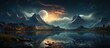 Mystical fantasy landscape with magic castle and moon.