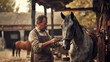 A seasoned blacksmith in a leather apron attentively grooms a dappled grey horse with a hoof pick near a workbench in a serene stable setting.