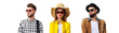 Three hip and stylish individuals wearing different sunglasses and fashionable outfits