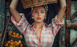 Vintage Beauty: Blue-Eyed Girl Balancing Basket in Rustic Farmhouse Portrai