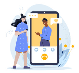 Poster - virtual relationships concept. man and woman communicate at smartphone screen. communication in soci