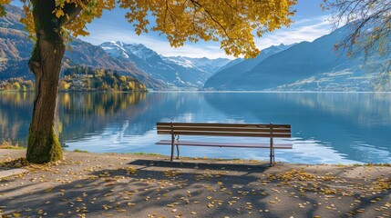 Sticker - Beautiful autumn landscape with bench in park and lake in Mountains