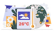 © Rudzhan - Weather forecast online concept. Temperature and rains predictions at global map. Applications and programs. Meteorologist laptop. Poster or banner. Cartoon flat vector illustration