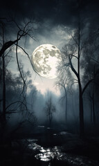 Wall Mural - Full moon rises over spooky leafless forest.