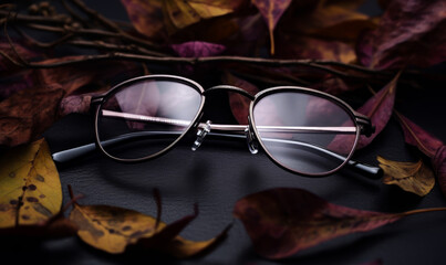 Wall Mural - Glasses and autumn leaves on black background