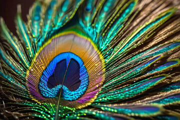 A close up of a beautiful peacock's feathers, showcasing their vibrant colors and intricate patterns. The feathers are displayed in various shades of blue, green, and gold