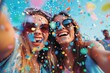 © AriyaniAI - Excited girls on summer festival having fun with confetti outdoor and taking a selfie. Ai generative