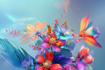 Wall Mural - a colorful bouquet of flowers in the style of 3D rendering with a cartoon style and light background