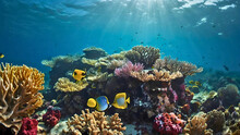 Sea Corals In Their Natural Environment, With Small Yellow Fish.