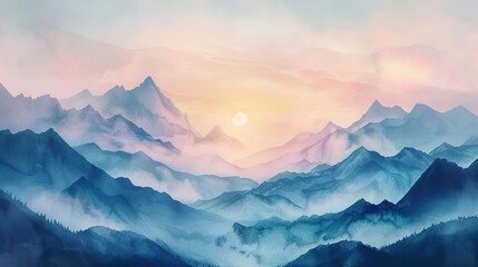 Wall Mural - Majestic Sunrise Illuminating Misty Mountains, Watercolor Landscape