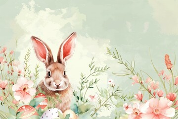 Wall Mural - Easter decoration concept. Floral watercolor painting bunny and Easter eggs. AI generated.