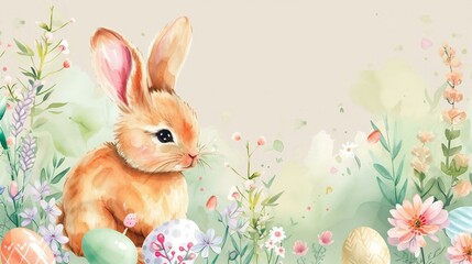 Wall Mural - Easter decoration concept. Floral watercolor painting bunny and Easter eggs. AI generated.