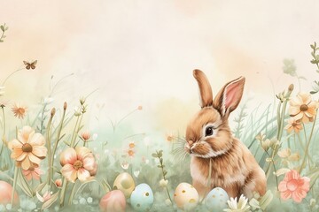 Wall Mural - Easter decoration concept. Floral watercolor painting bunny and Easter eggs. AI generated.