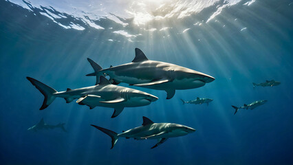 Wall Mural - Sea and ocean sharks, found with their school of male and female sharks.