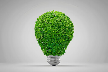 Wall Mural - An eco-friendly concept is represented by a light bulb composed of green leaves against a white background. Concept of eco energy and environment protection. Copy space.