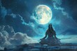 A woman is meditating on a rock in front of a large blue moon