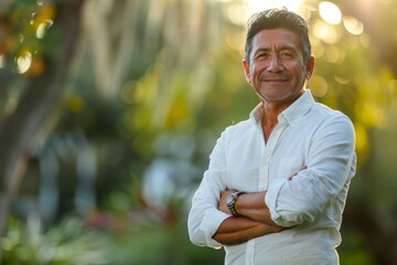 Poster - A man in a white shirt is smiling and standing in a park