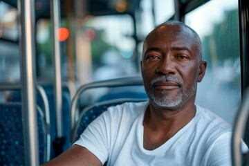 Wall Mural - A man travels on public transport from work. Background with selective focus and copy space