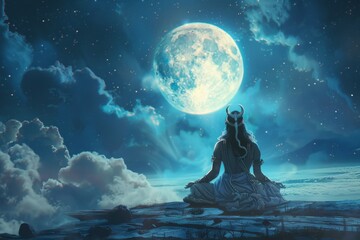 Wall Mural - a woman is meditating on a rock in front of a large blue moon