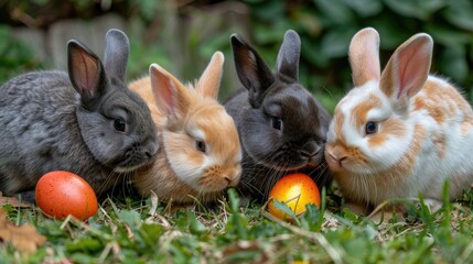 Wall Mural - Four Cute Bunnies Lying Near Easter Eggs