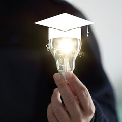 Fototapete - Concept of Online education. man use Online education training and e-learning webinar on internet for personal development and professional qualifications. Digital courses to develop new skills.