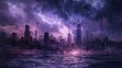 Stormy city skyline, dramatic digital painting illustration