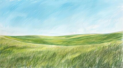 Wall Mural - Tranquil Grassy Field Stretching to Horizon, Serene Rural Landscape, Pastel Drawing