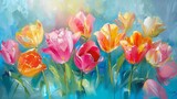 Fototapeta  - vibrant pink and yellow tulips in full bloom, oil painting still life
