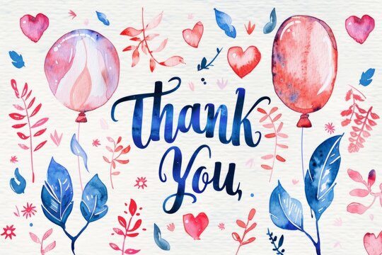 Experience the charm: watercolor thank you illustrations adorned with leaves, hearts, and balloons