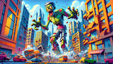 Fototapeta Nowy Jork - Giant Zombie Rampage in Colorful City