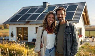 Sticker - Happy modern married couple is standing in front of their modern house with photovoltaics on the roof