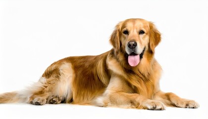 Golden Retriever dog - Canis lupus familiaris - great popular family domestic animal good with children isolated on white background tongue out while panting, laying and looking towards camera