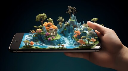 Poster - An enchanting and detailed world emerging from the confines of a mobile screen, revealing intricate landscapes, fantastical creatures, and vibrant colors.