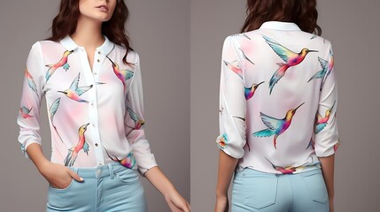 Wall Mural - A delightful shirt print design capturing the enchanting beauty of birds in flight, set against a whimsical and colorful background.




