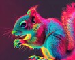 Picture a squirrel in the pop art domain, its fur a fusion of neon green and electric pink, clutching a crystalclear acorn of endless possibilities , soft lighting