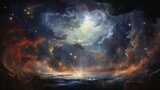 Fototapeta  - An enchanting portrayal of a vivid and nebulous galaxy, with swirling clouds of gas and dust illuminated by the radiant glow of newborn stars, evoking a sense of wonder and awe in the cosmic expanse.
