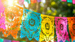 Vibrant Mexican Paper Garlands Decoration, Cinco De Mayo Celebrations Traditional Picado Banner Festive, Multicolored Patterns in Holiday Backdrop
