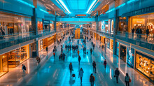Abstract Blur Of Department Store Or Shopping Mall: Blurred Image For Background Use With Copy Space, In Blue And Peach Tone