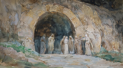 Easter Jesus Christ rose from the dead. Dawn. The empty tomb watercolor painting. Biblical Illustration