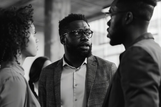 Boss introducing black new worker to workmates