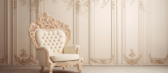 Wall Mural - An image focusing closely on a single chair placed in a room adorned with wallpaper
