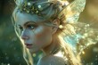 Portrait of elf fantasy woman forest fairy. Butterfly wings. Light magic radiance