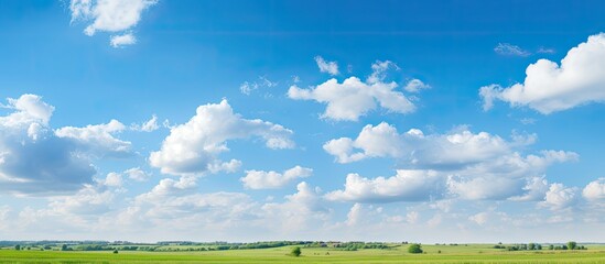 Wall Mural - A picturesque scene of a clear blue sky with fluffy white clouds floating over a lush green field, creating a serene natural landscape in the ecoregion filled with grass and plants