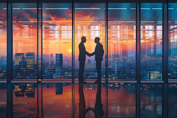 Wall Mural - digital illustration of two business man investor partner shaking hands in office building company, business meeting, job interview, investor, partnership, teamwork, financial concept