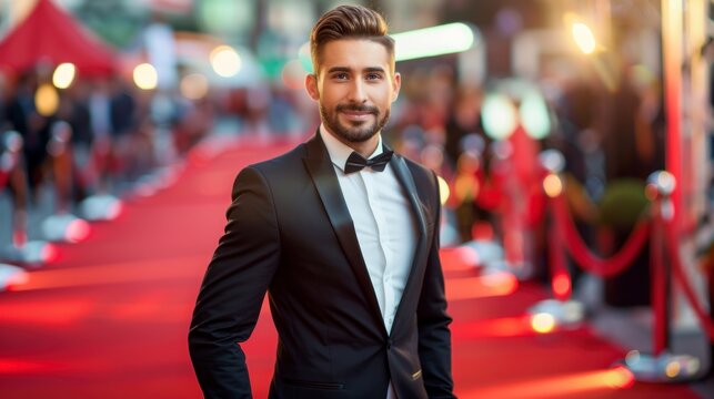 handsome man in elegant suit on a red carpet surrounded by photographers