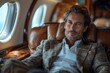 Successful tycoon flies in comfort: recliner in business jet luxury.
