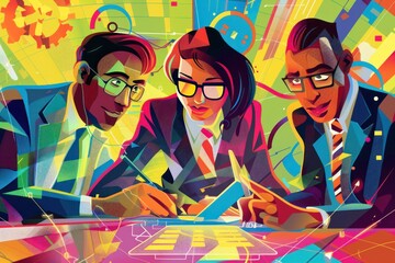 A stylish and colorful illustration of a group of three people wearing eyeglasses and different colored stripes created in a hyper detailed style suitable for digital marketing and branding purposes