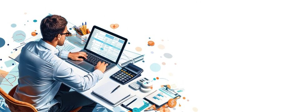 digital illustration of business man working on laptop computer on desk at office surrounded by financial document and calculator, business finance strategy, investment, digital technology concept