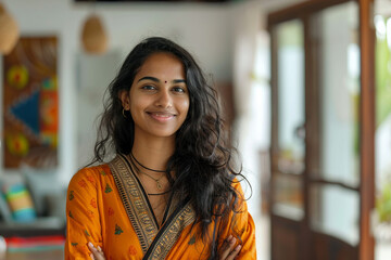 Wall Mural - Smiling indian woman looking at camera posing at modern home